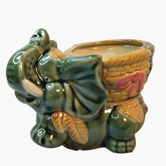 Vintage Green Elephant Ceramic Planter Pot Pot Basket - Picture 1 of 7